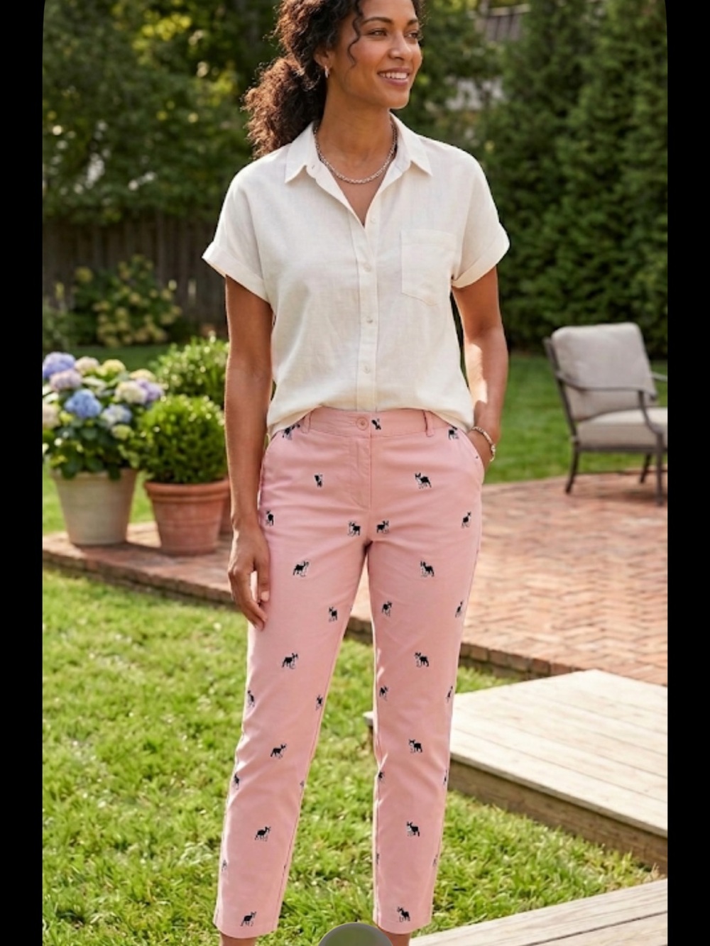 Talbots The Weekend Chino Pants Size 14P Pink Embroidered Boston Terrier Dog
